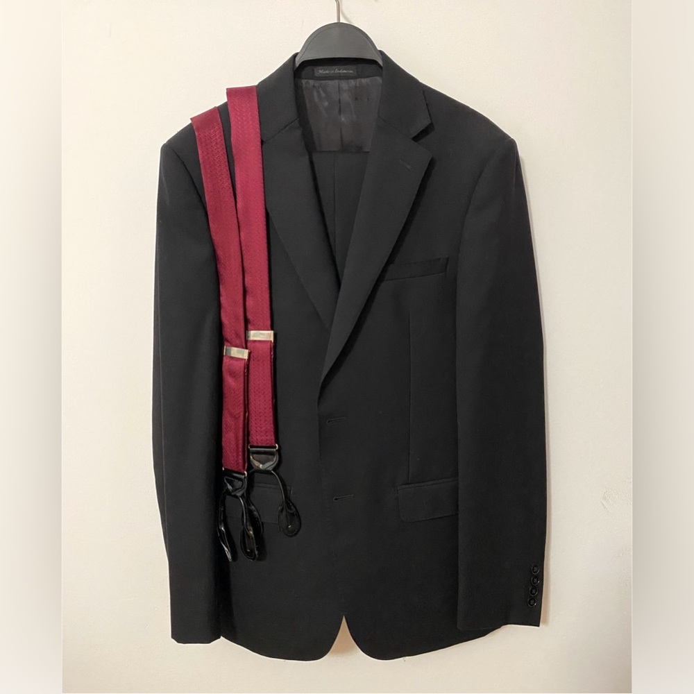 Black Calvin Klein Suit with Red Suspenders